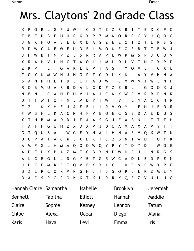 Mrs. Claytons' 2nd Grade Class Word Search
