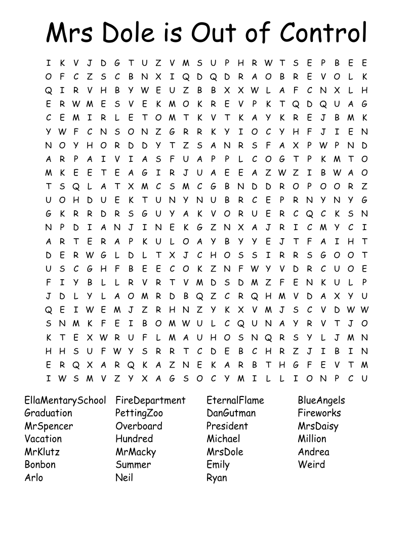 Mrs Dole is Out of Control Word Search