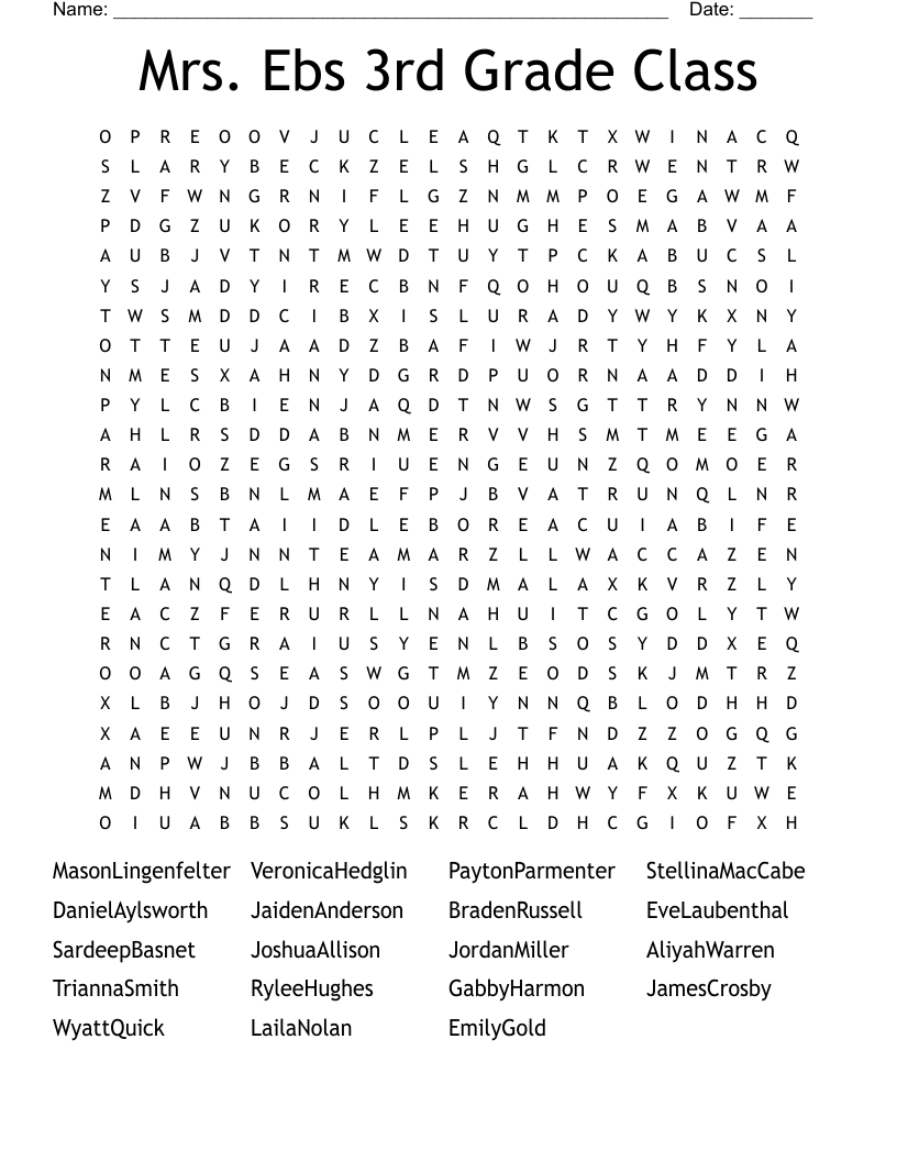 Mrs. Ebs 3rd Grade Class Word Search