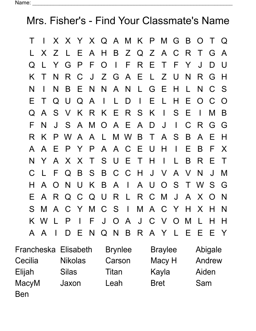 Mrs. Fisher's - Find Your Classmate's Name Word Search