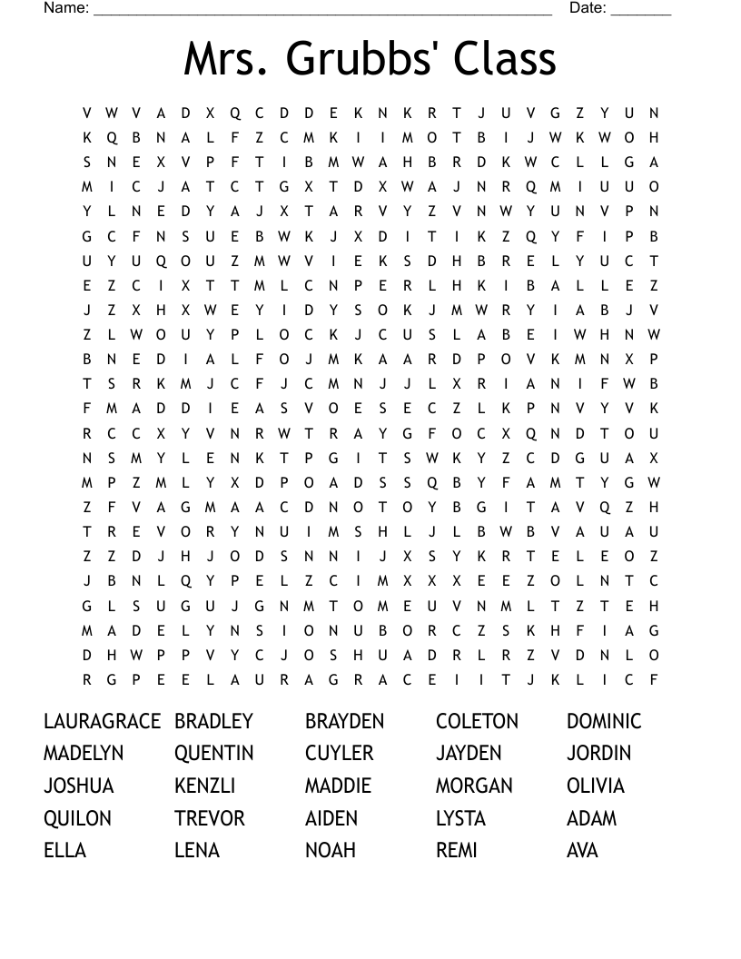 Mrs. Grubbs' Class Word Search