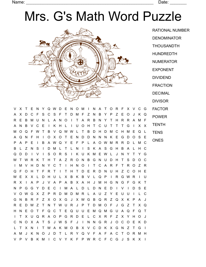 Mrs. G's  Math Word Puzzle Word Search