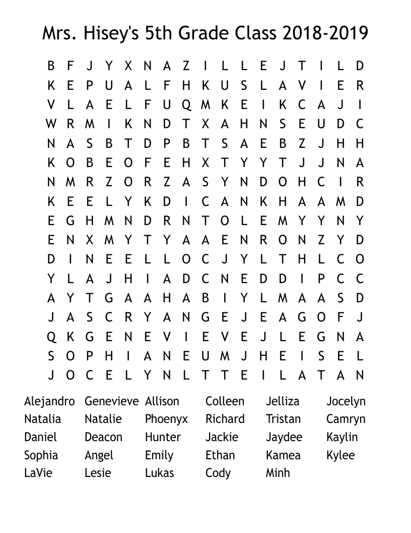 Mrs. Hisey's 5th Grade Class 2018-2019 Word Search