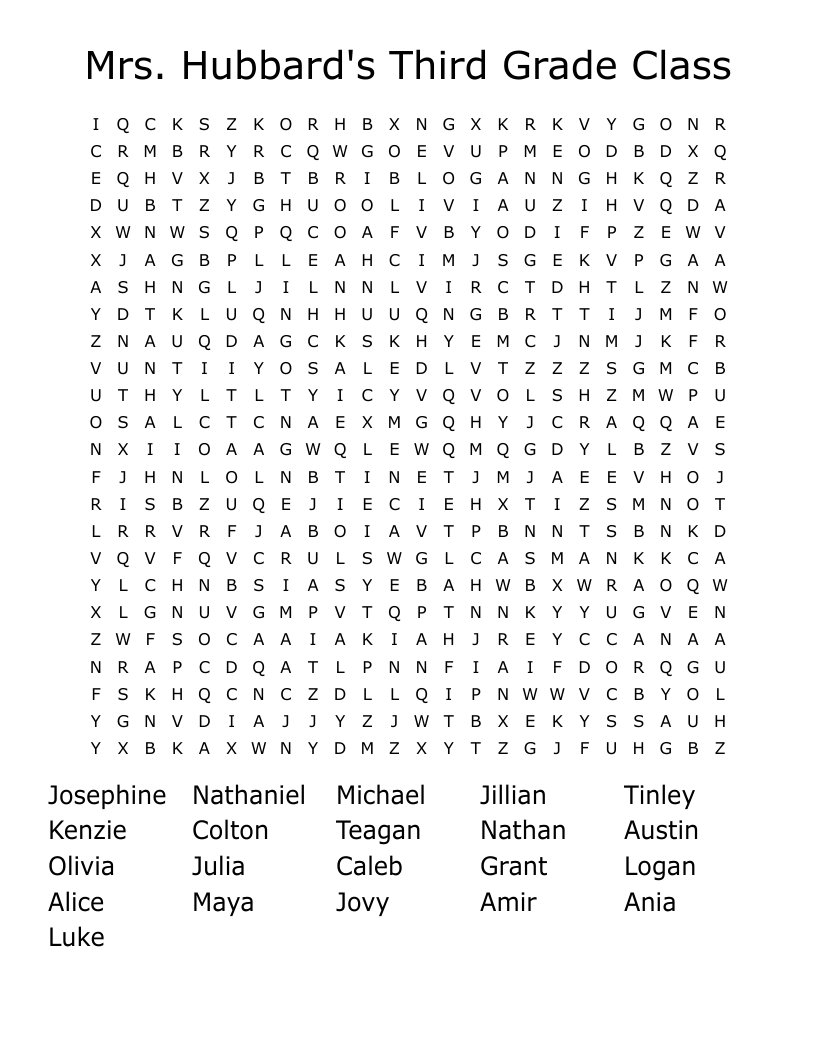 Mrs. Hubbard's Third Grade Class Word Search