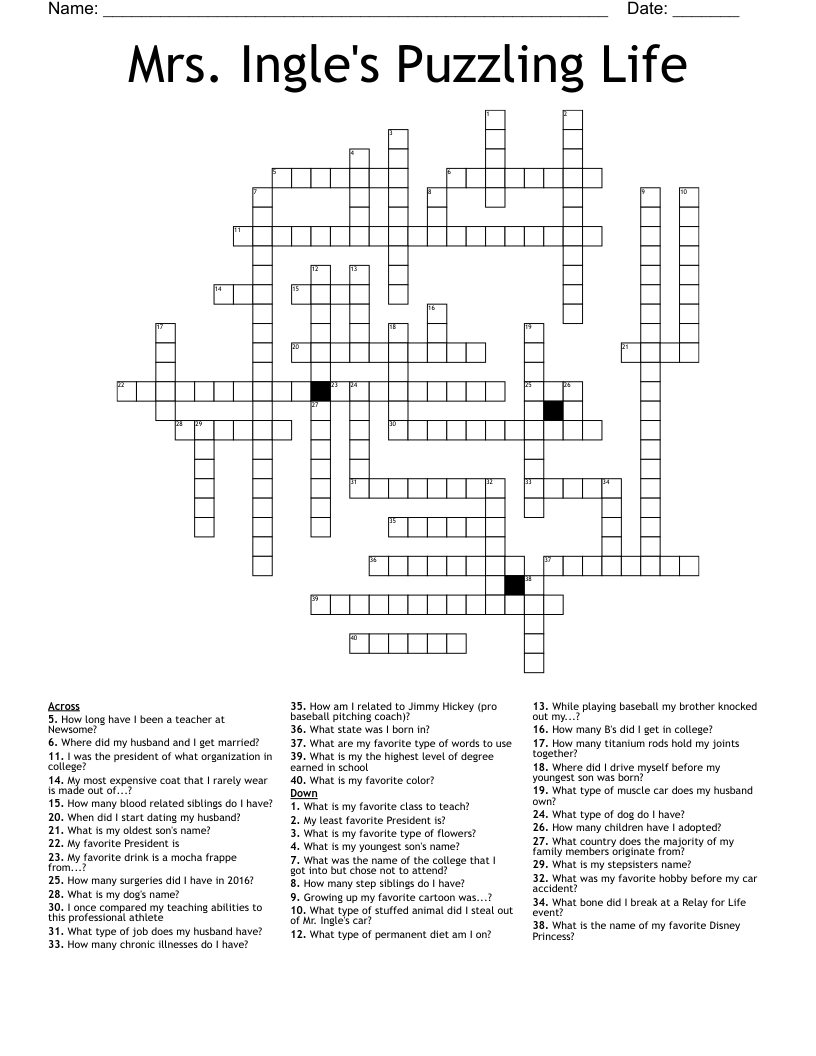 Mrs. Ingle's Puzzling Life  Crossword