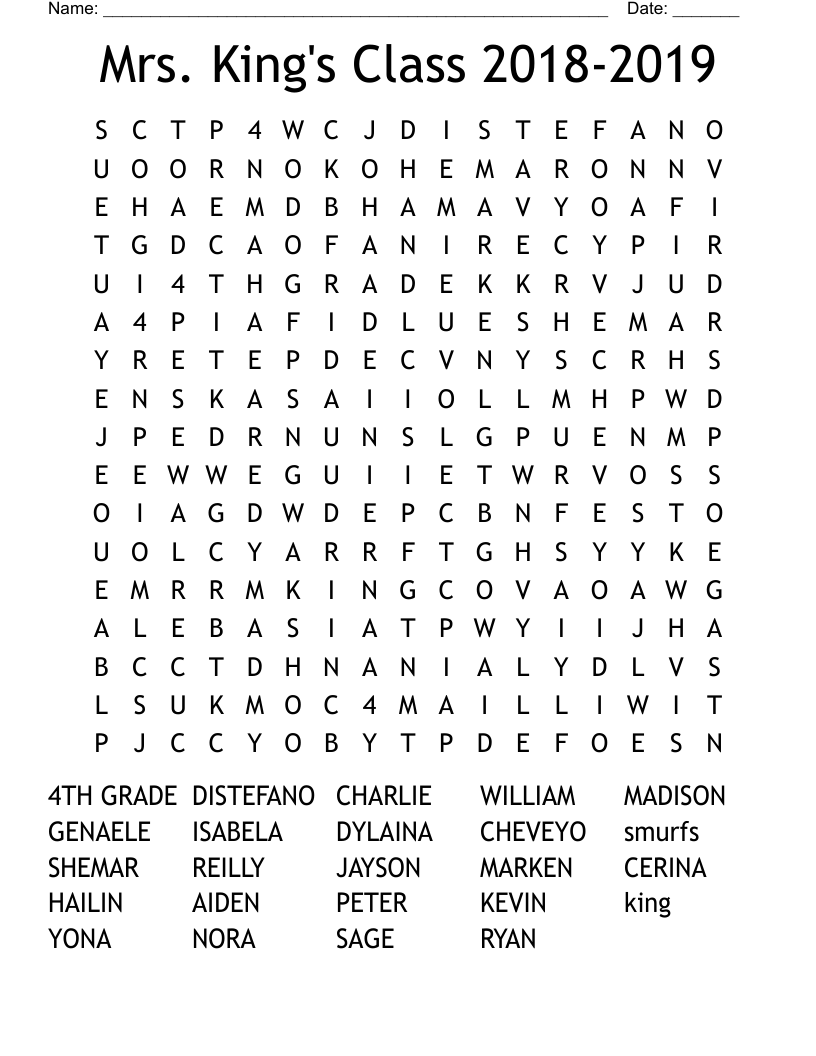 Mrs. King's Class 2018-2019 Word Search