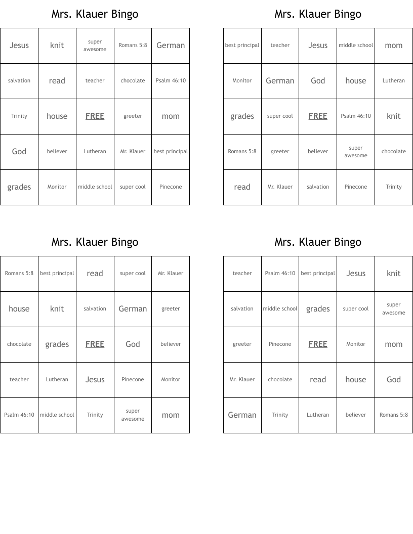 Mrs. Klauer Bingo