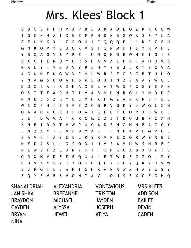 Mrs. Klees' Block 1 Word Search