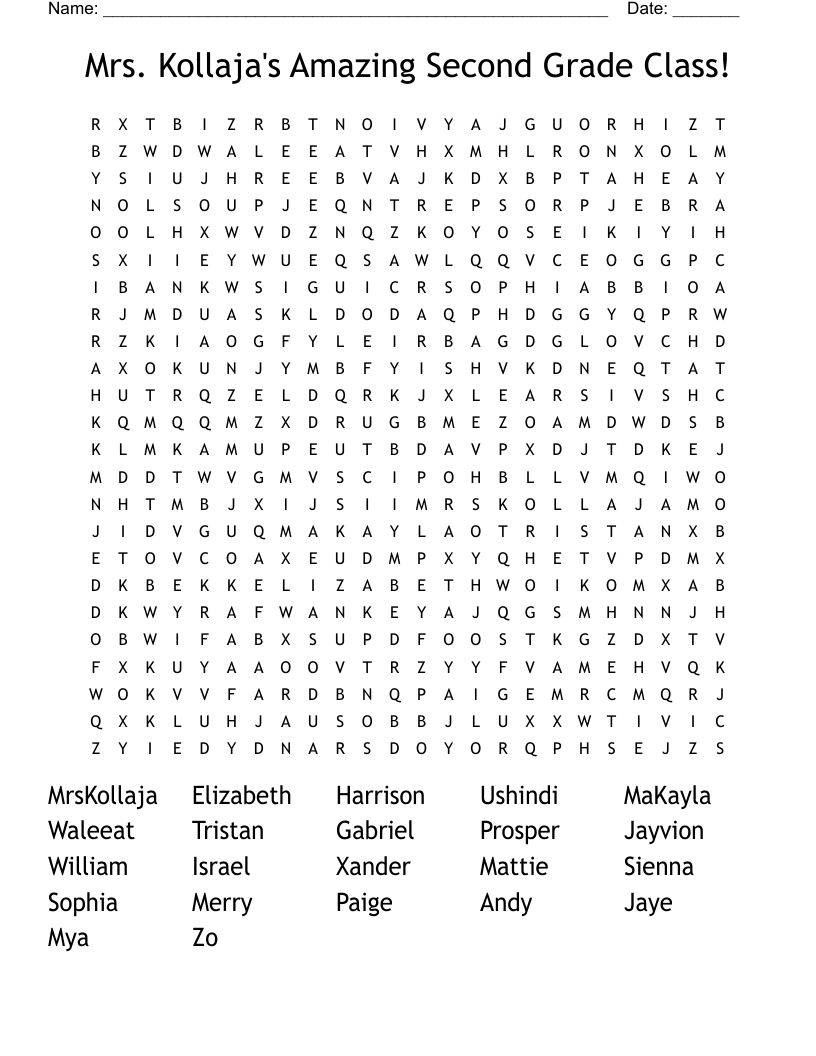 Mrs. Kollaja's Amazing Second Grade Class! Word Search