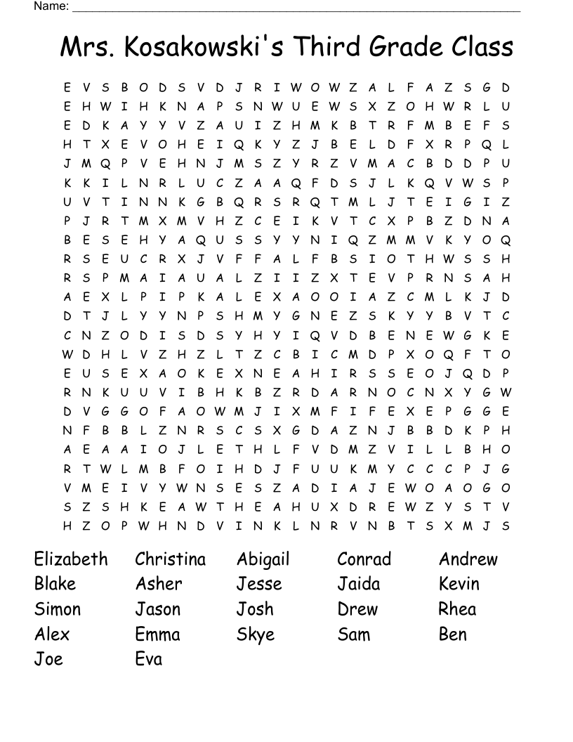 Mrs. Kosakowski's Third Grade Class Word Search