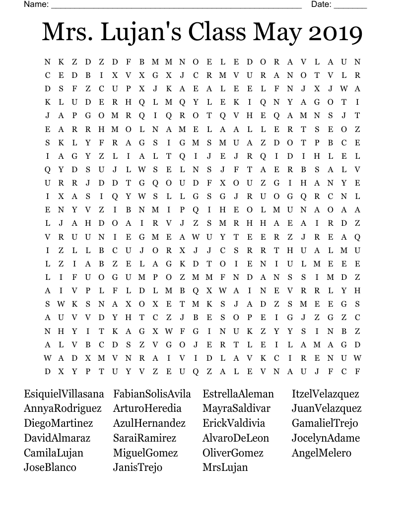 Mrs. Lujan's Class May 2019 Word Search