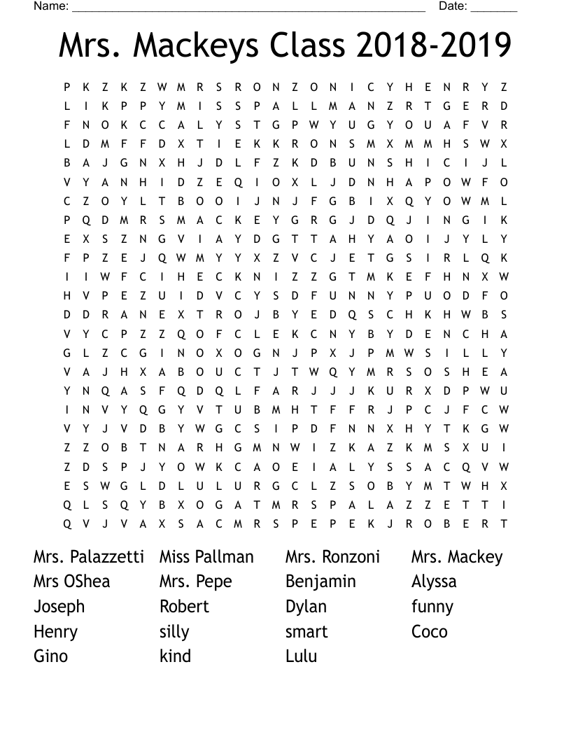 Mrs. Mackeys Class 2018-2019 Word Search