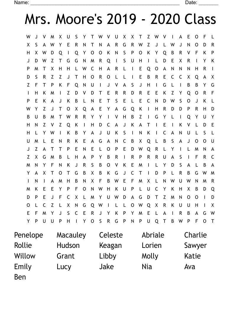 Mrs. Moore's 2019 - 2020 Class Word Search