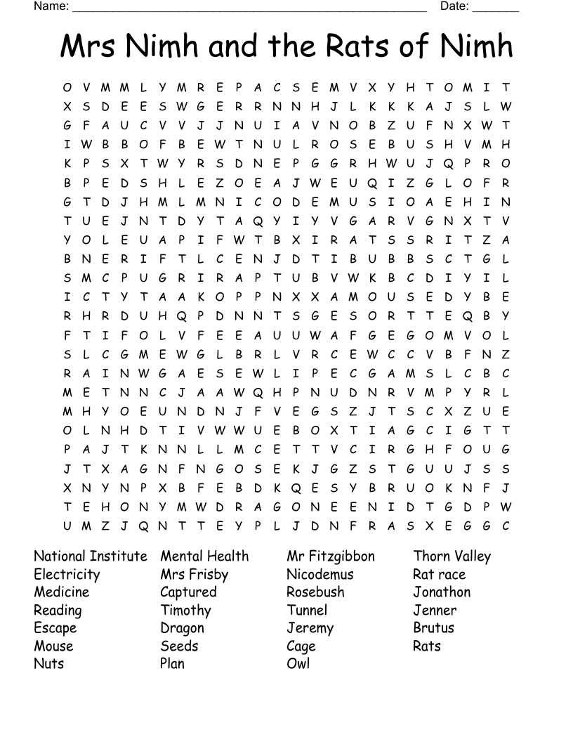 Mrs Nimh and the Rats of Nimh Word Search
