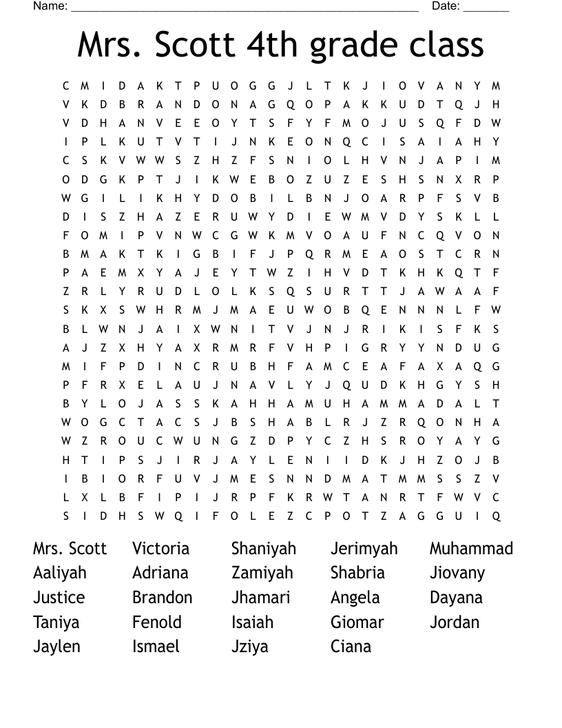 Mrs. Scott 4th grade class Word Search