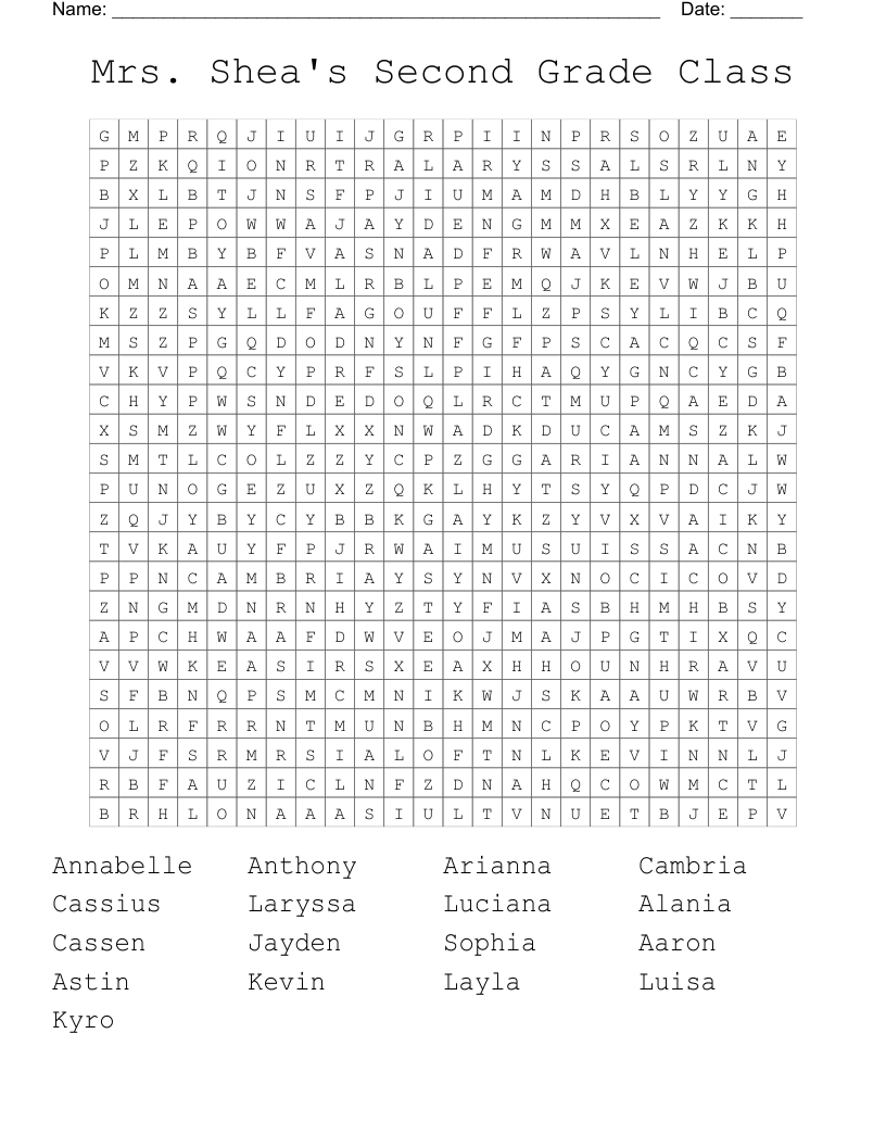 Mrs. Shea's Second Grade Class Word Search