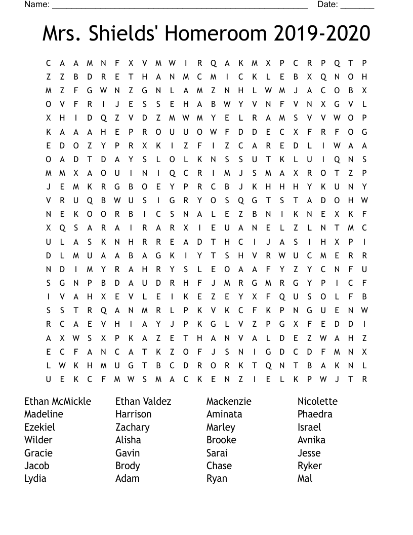 Mrs. Shields' Homeroom 2019-2020 Word Search