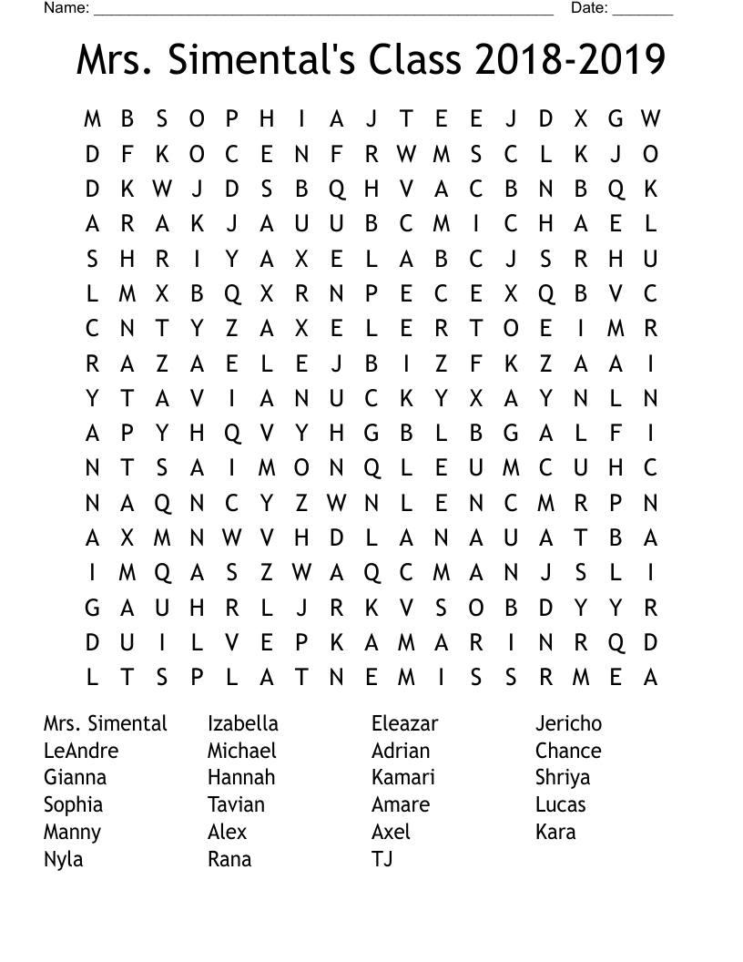 Mrs. Simental's Class 2018-2019 Word Search