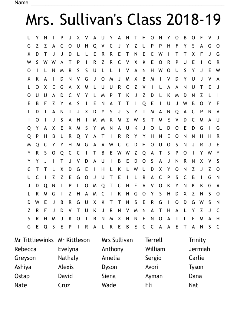 Mrs. Sullivan's Class 2018-19 Word Search