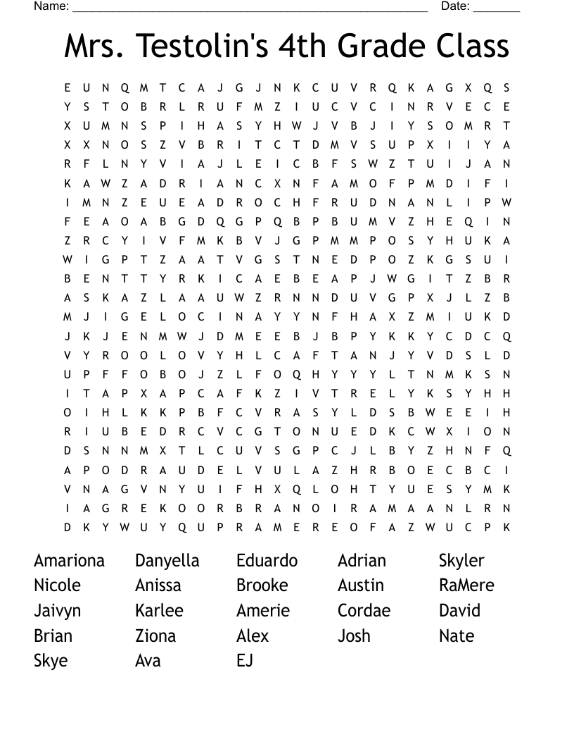 Mrs. Testolin's 4th Grade Class  Word Search