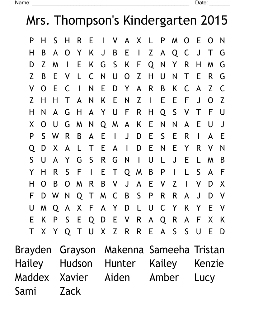 Mrs. Thompson's Kindergarten 2015 Word Search