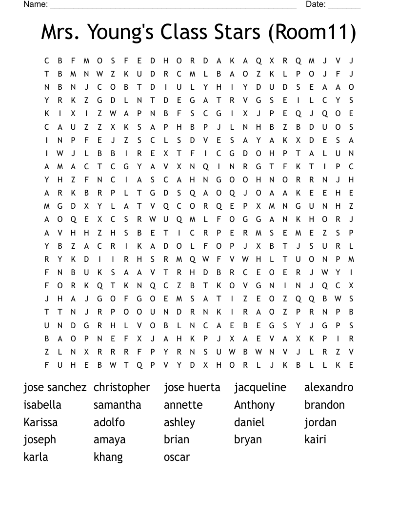 Mrs. Young's Class Stars (Room11) Word Search