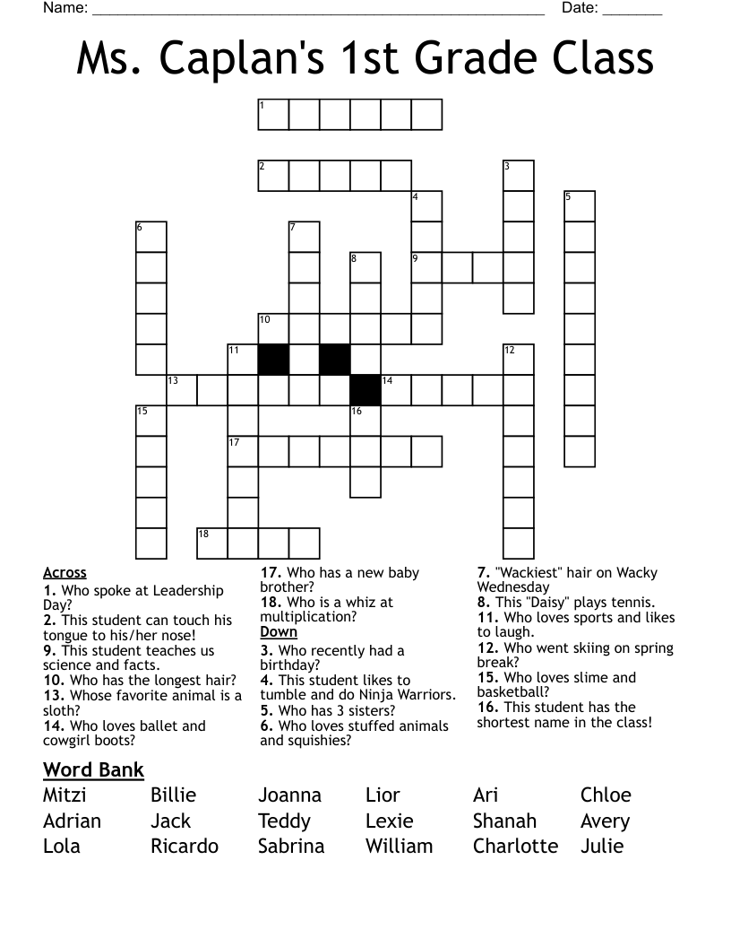 Ms. Caplan's 1st Grade Class Crossword