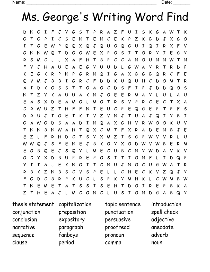 Ms. George's Writing Word Find Word Search