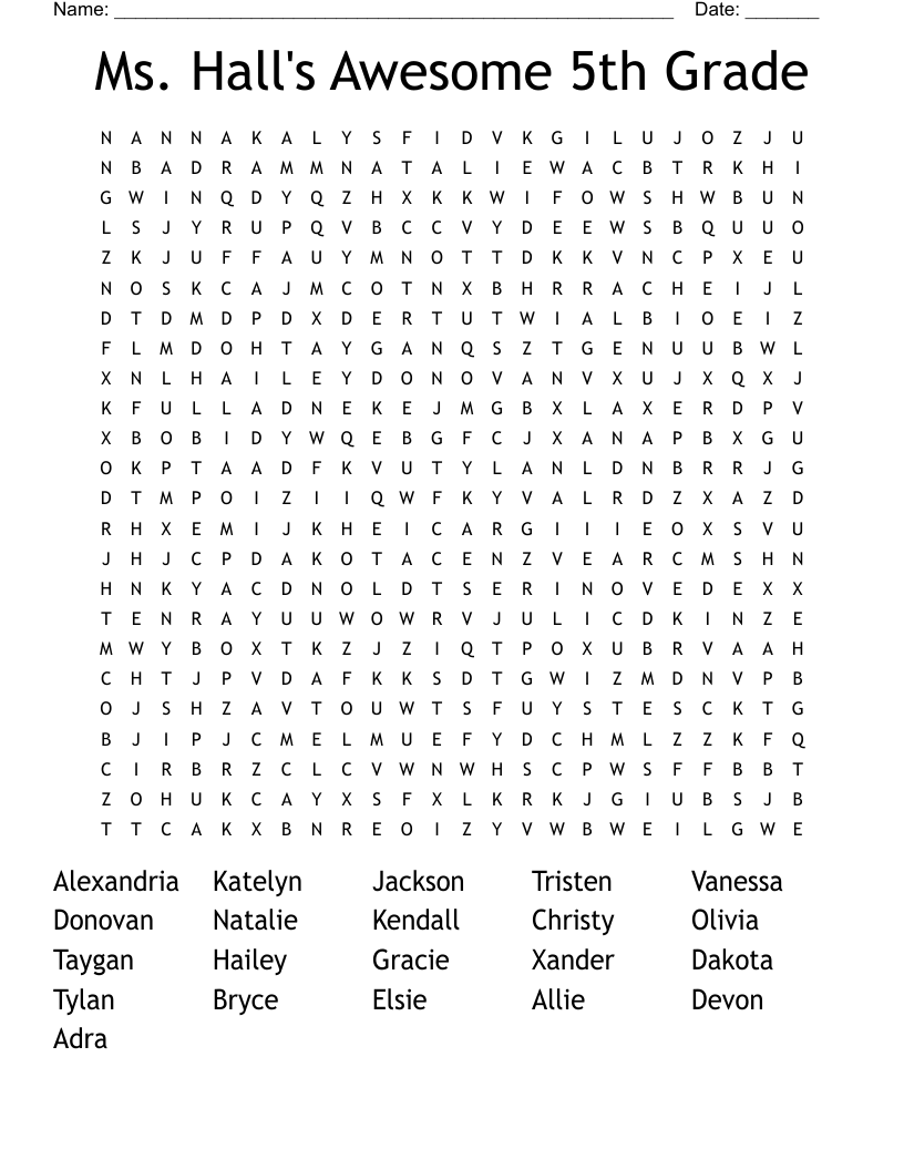 Ms. Hall's Awesome 5th Grade Word Search