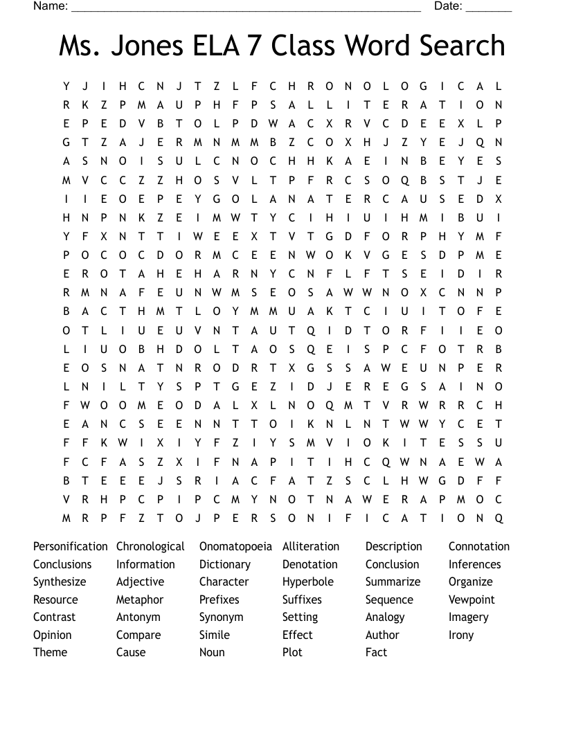 Ms. Jones ELA 7 Class Word Search