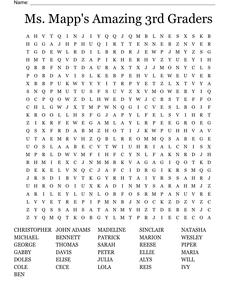 Ms. Mapp's Amazing 3rd Graders Word Search
