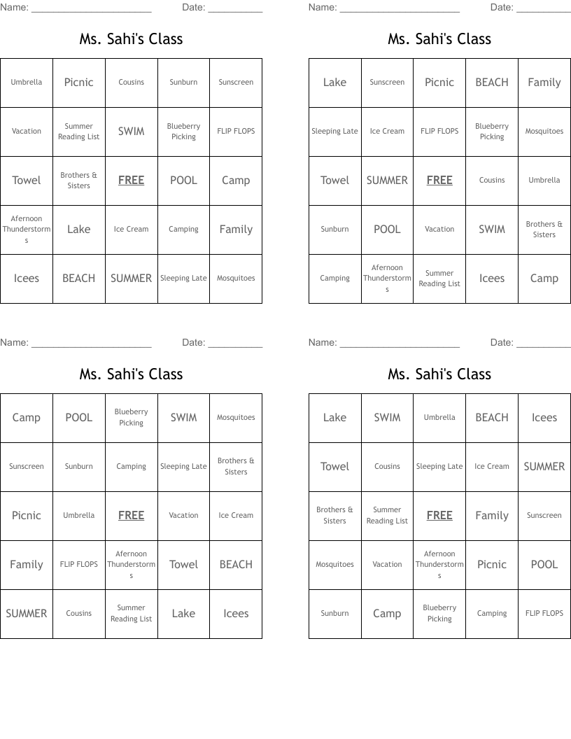 Ms. Sahi's Class Bingo Cards