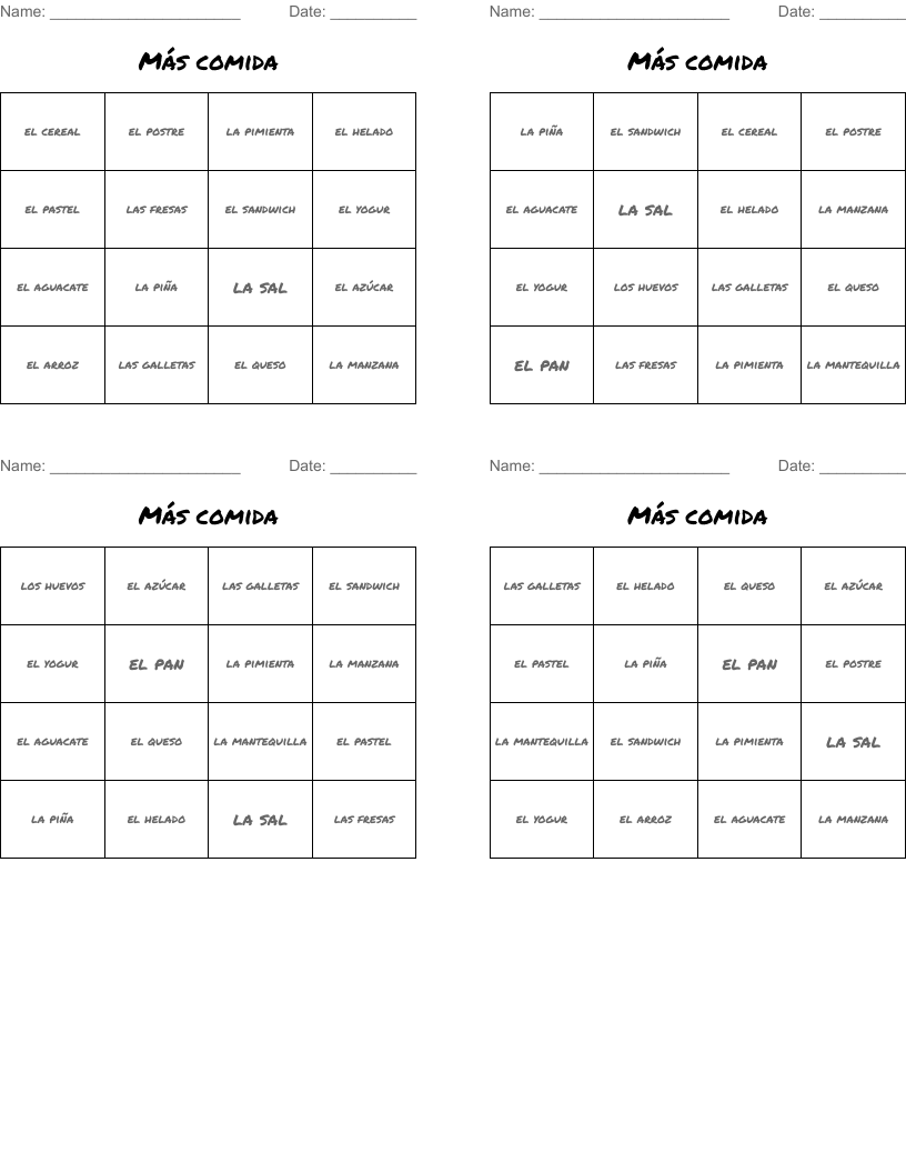 Más comida Bingo Cards
