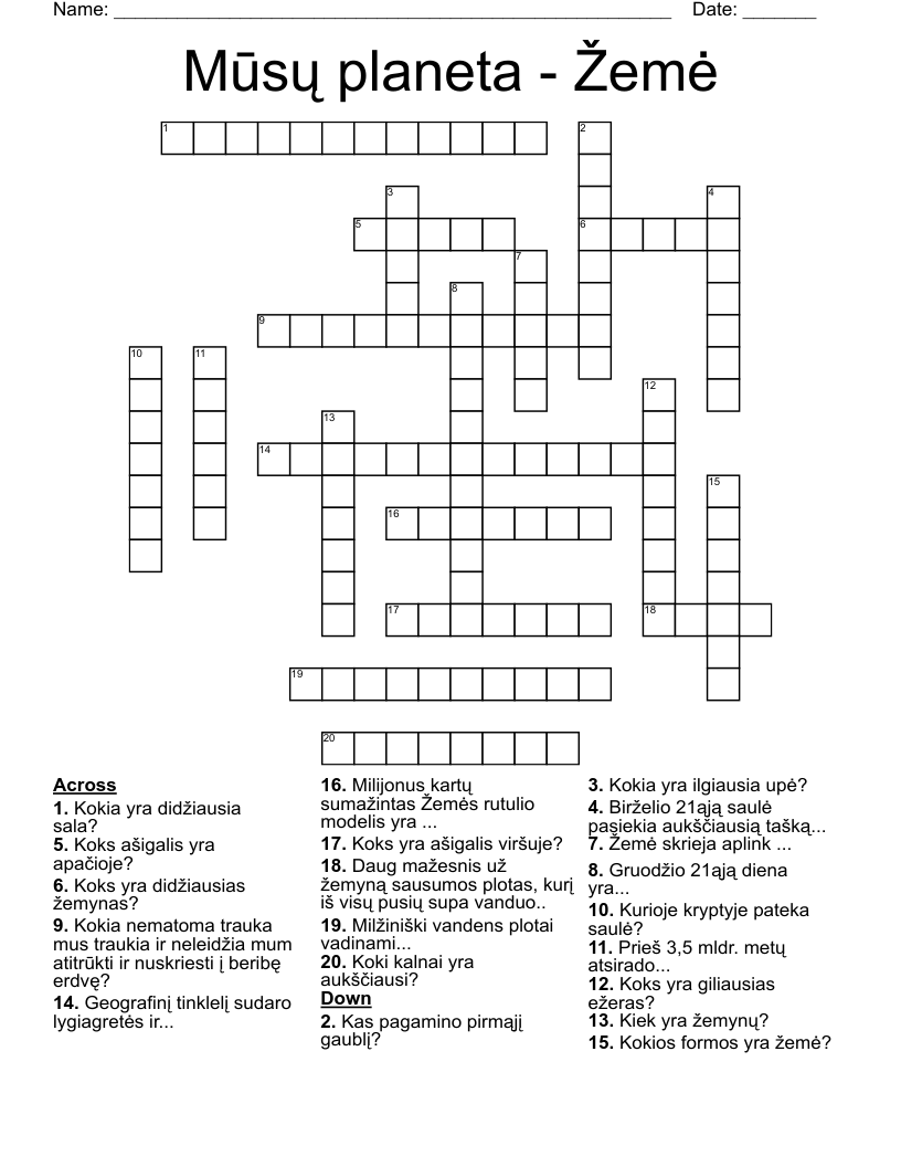 Mūsų planeta - Žemė Crossword