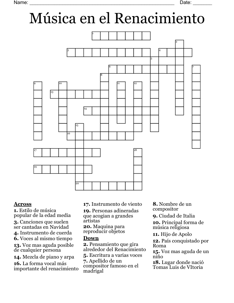 Música en el Renacimiento Crossword
