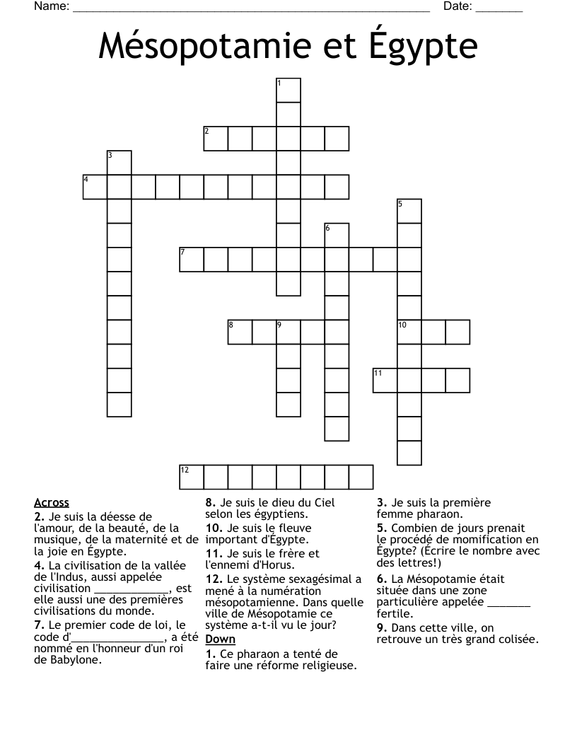 Mésopotamie et Égypte Crossword