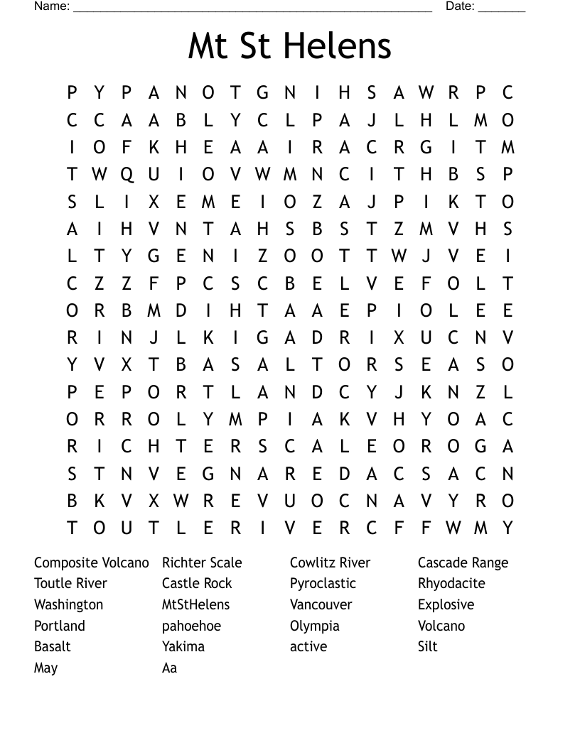Mt St Helens Word Search