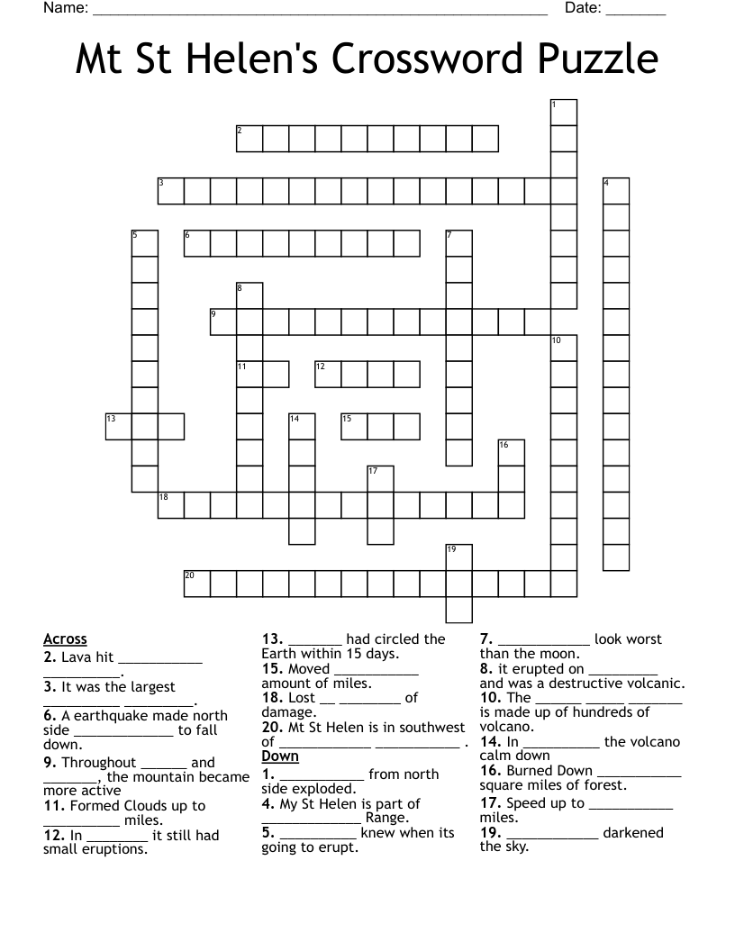 Mt St Helen's Crossword Puzzle