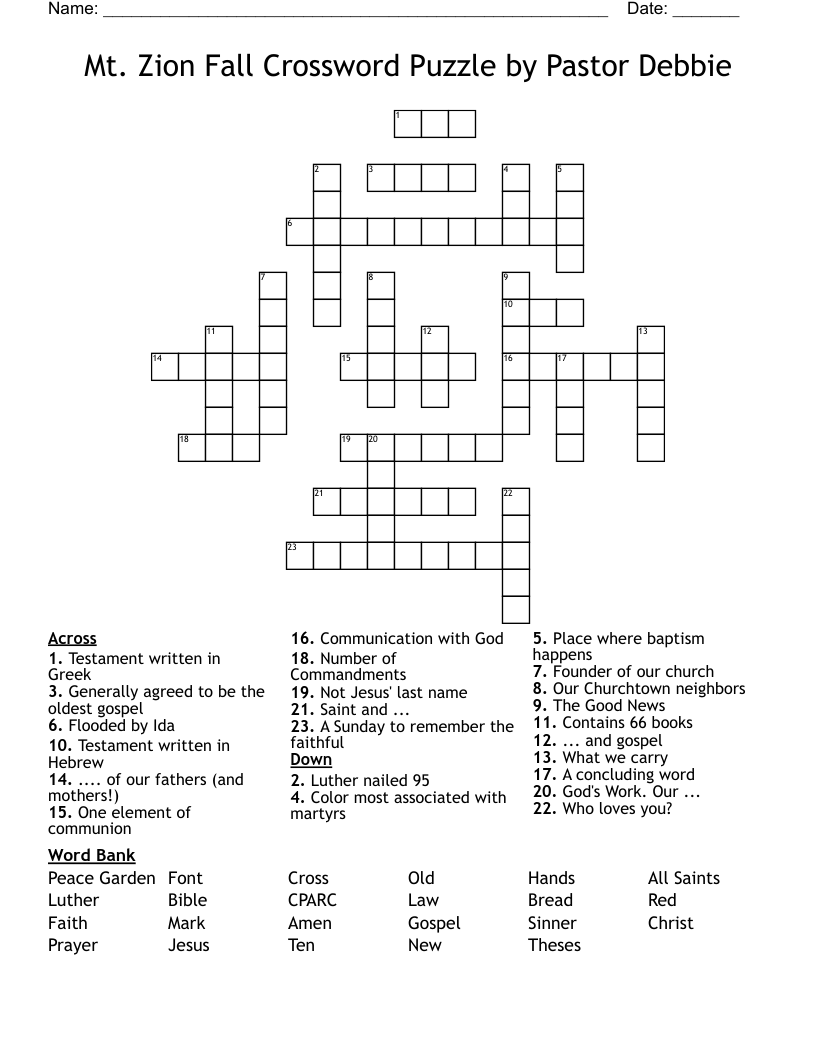 Mt. Zion Fall Crossword Puzzle by Pastor Debbie