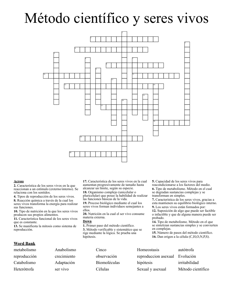 Método científico y seres vivos Crossword