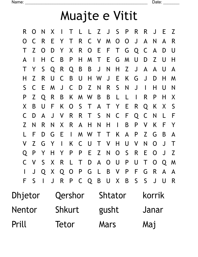 Muajte e Vitit Word Search