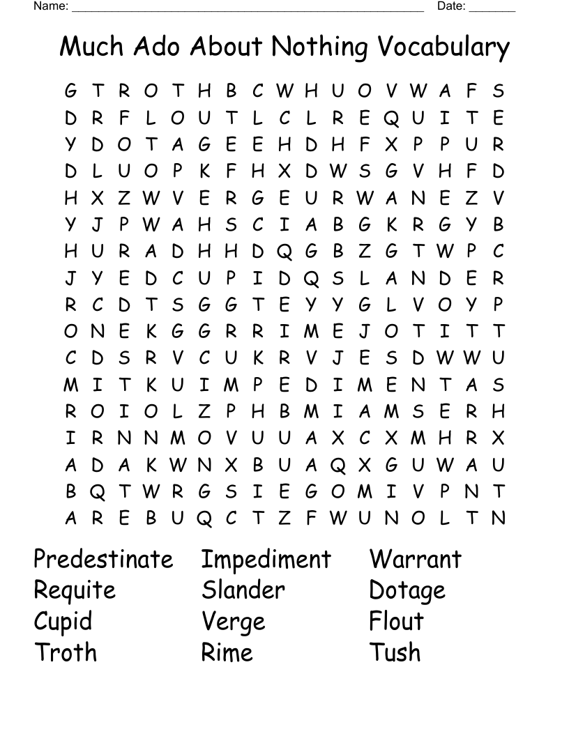 Much Ado About Nothing Vocabulary Word Search