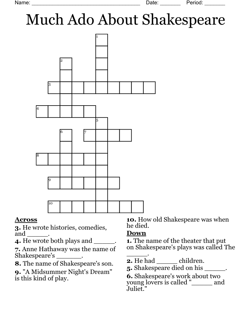 Much Ado About Shakespeare Crossword