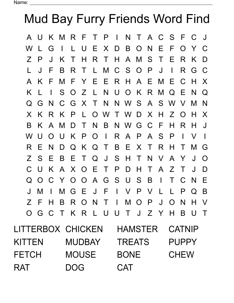 Mud Bay Furry Friends Word Find Word Search