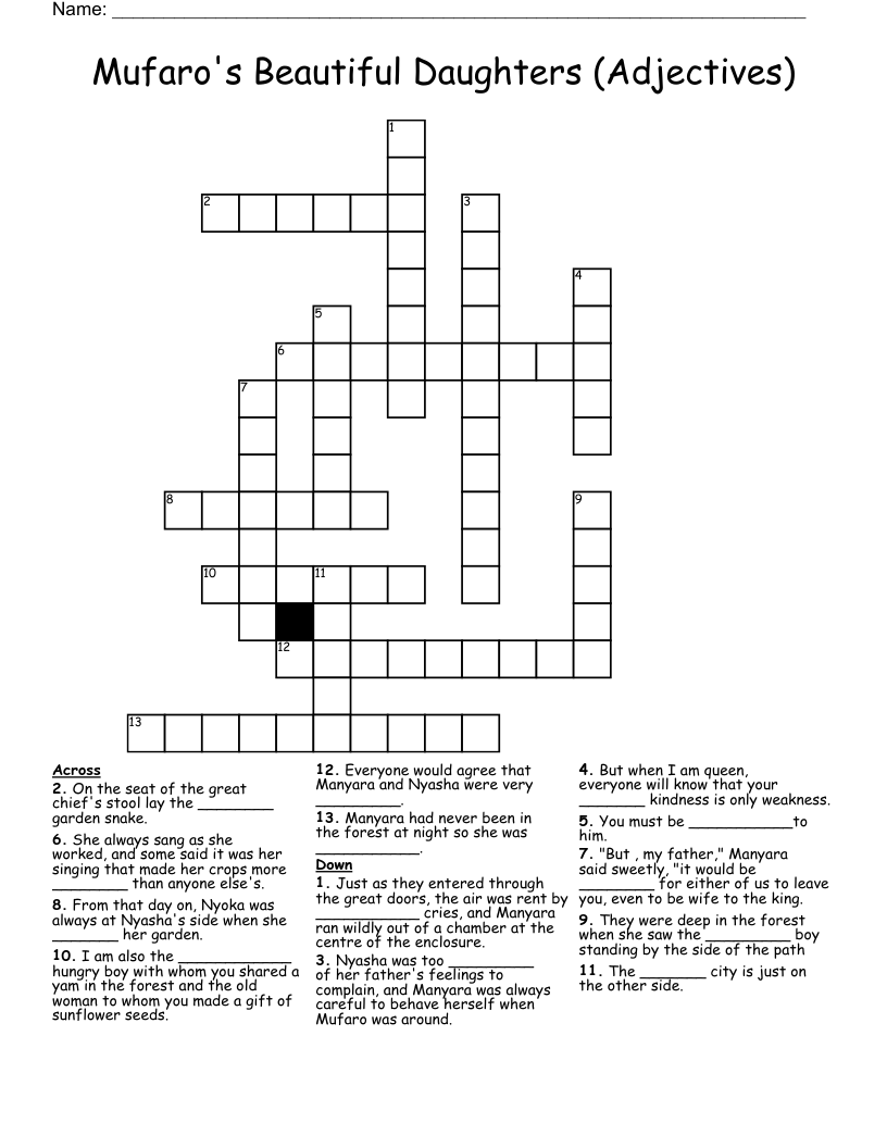 Mufaro's Beautiful Daughters (Adjectives) Crossword