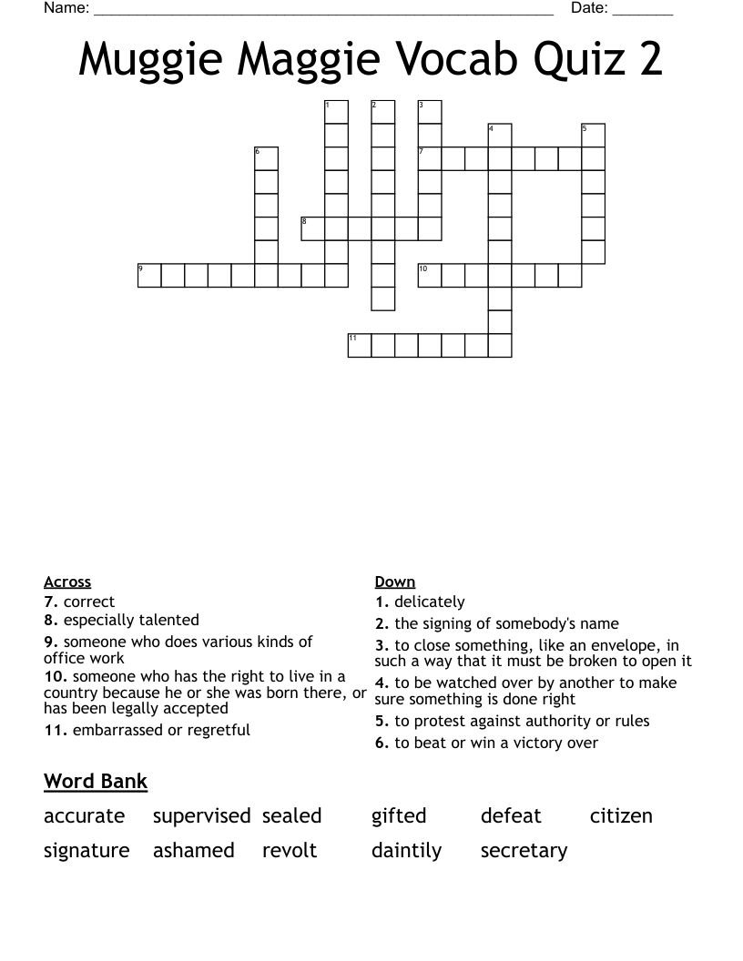 Muggie Maggie Vocab Quiz 2 Crossword