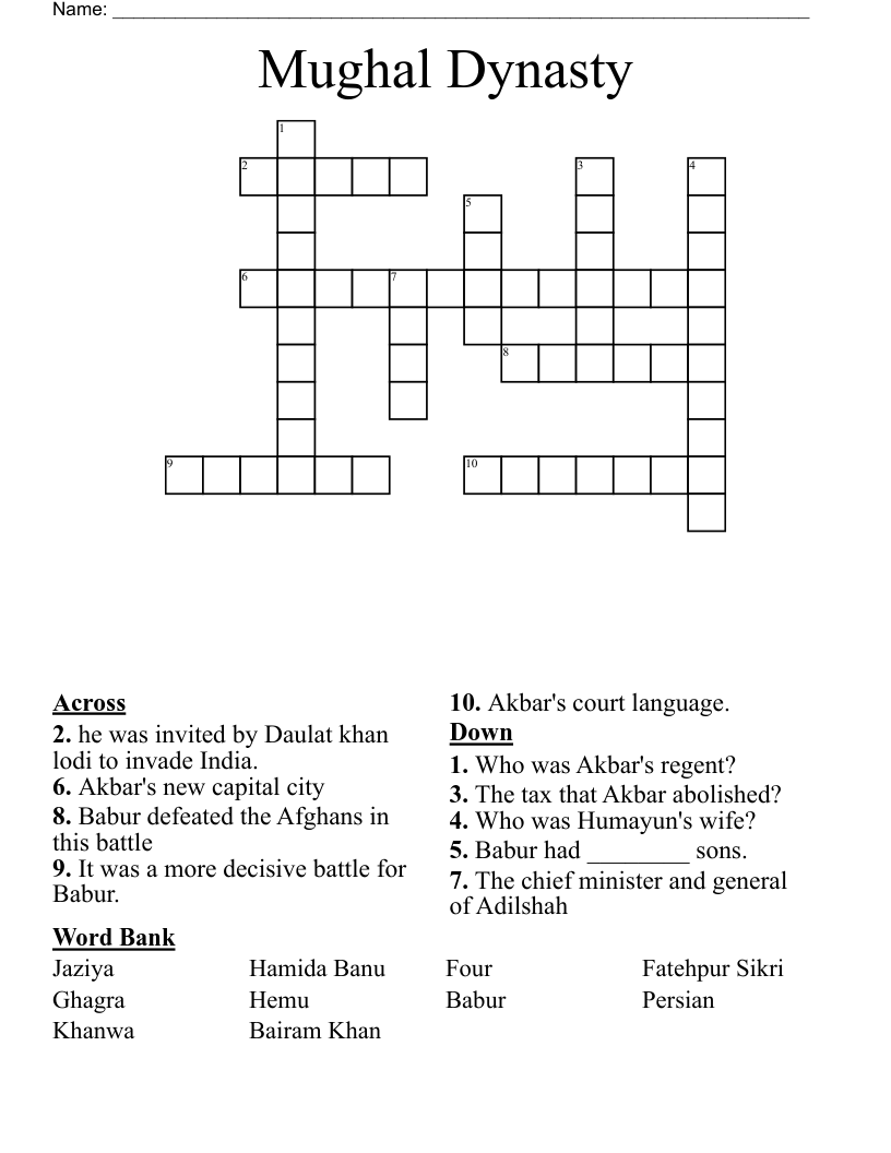 Mughal Dynasty  Crossword