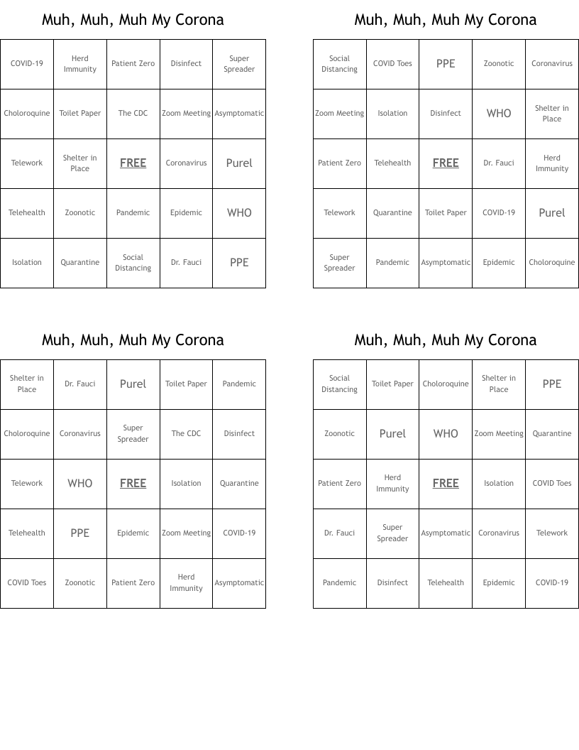 Muh, Muh, Muh My Corona Bingo Cards