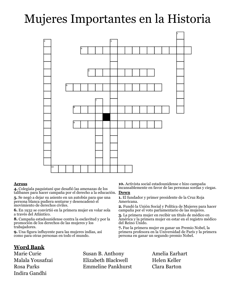Mujeres Importantes en la Historia Crossword