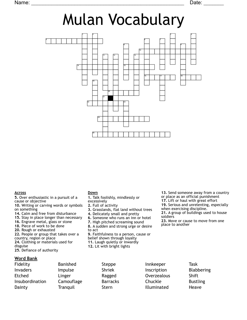 Mulan Vocabulary Crossword